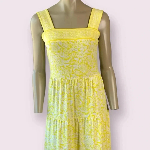 Michael Kors Sleeveless Floral Tiered Maxi Sundress Stretch Size S Yellow White - Picture 4 of 16